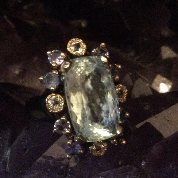 Rare Genuine 16mm by 10mm Aquamarine, Tanzanite & Topaz Ring - Picture 2 of 14